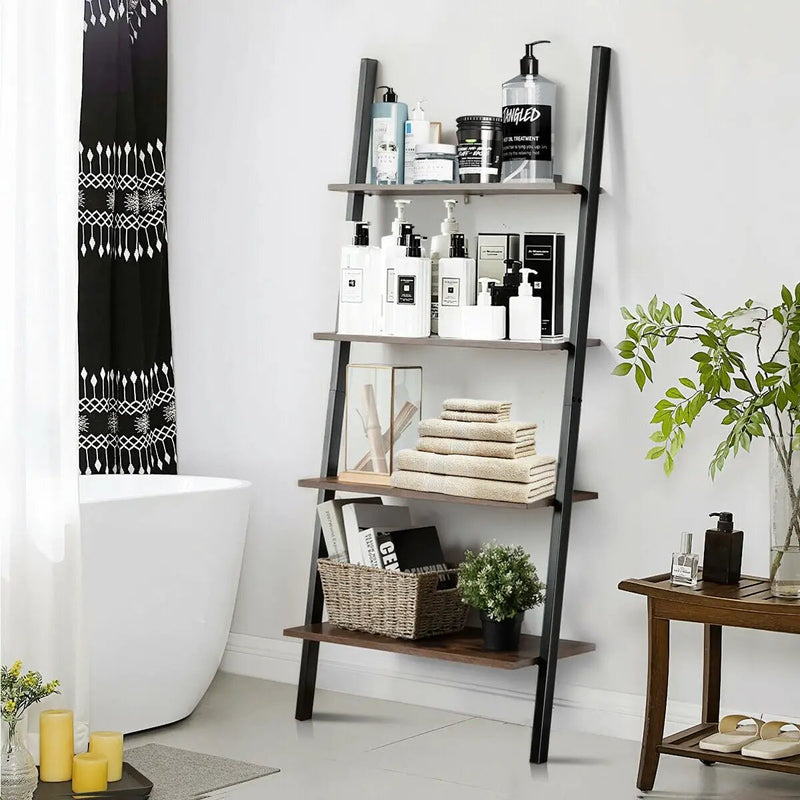 Multipurpose 4-Tier Industrial Leaning Wall Bookcase with Metal Frame by DirectDeals