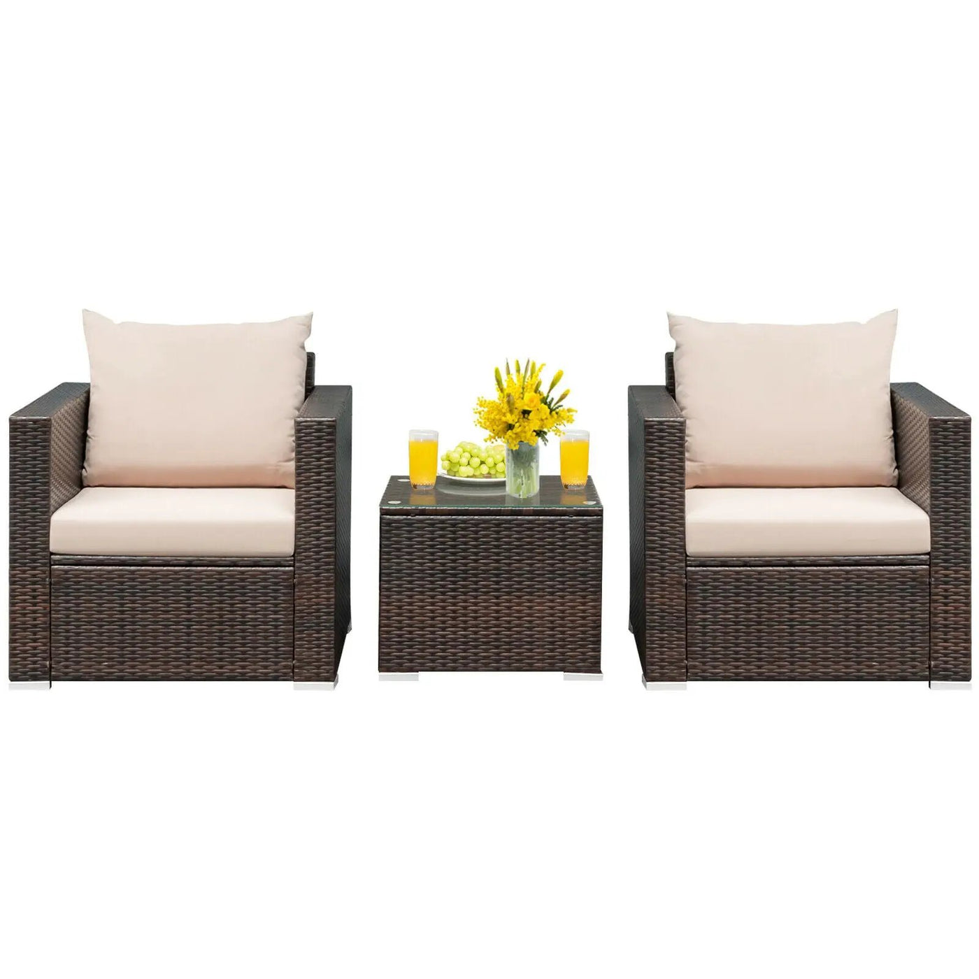 3 Pcs Patio Conversation Rattan Furniture Set with Cushion by DirectDeals