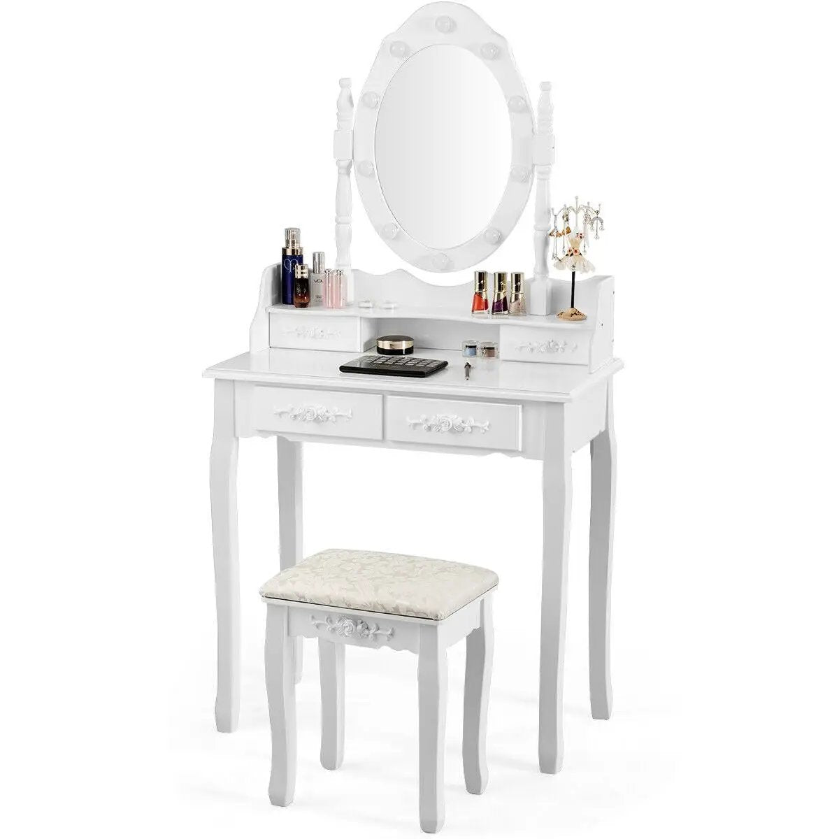 Makeup Vanity Dressing Table Set with Dimmable Bulbs Cushioned Stool by DirectDeals