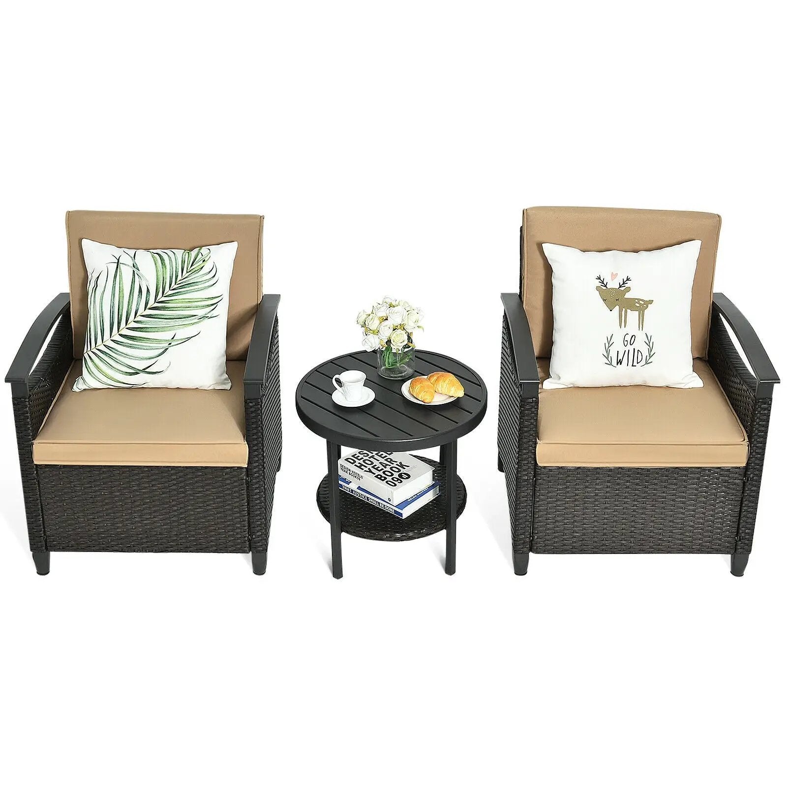 3 Pieces Patio Rattan Furniture Set Cushioned Sofa Storage Table with Shelf Garden by DirectDeals