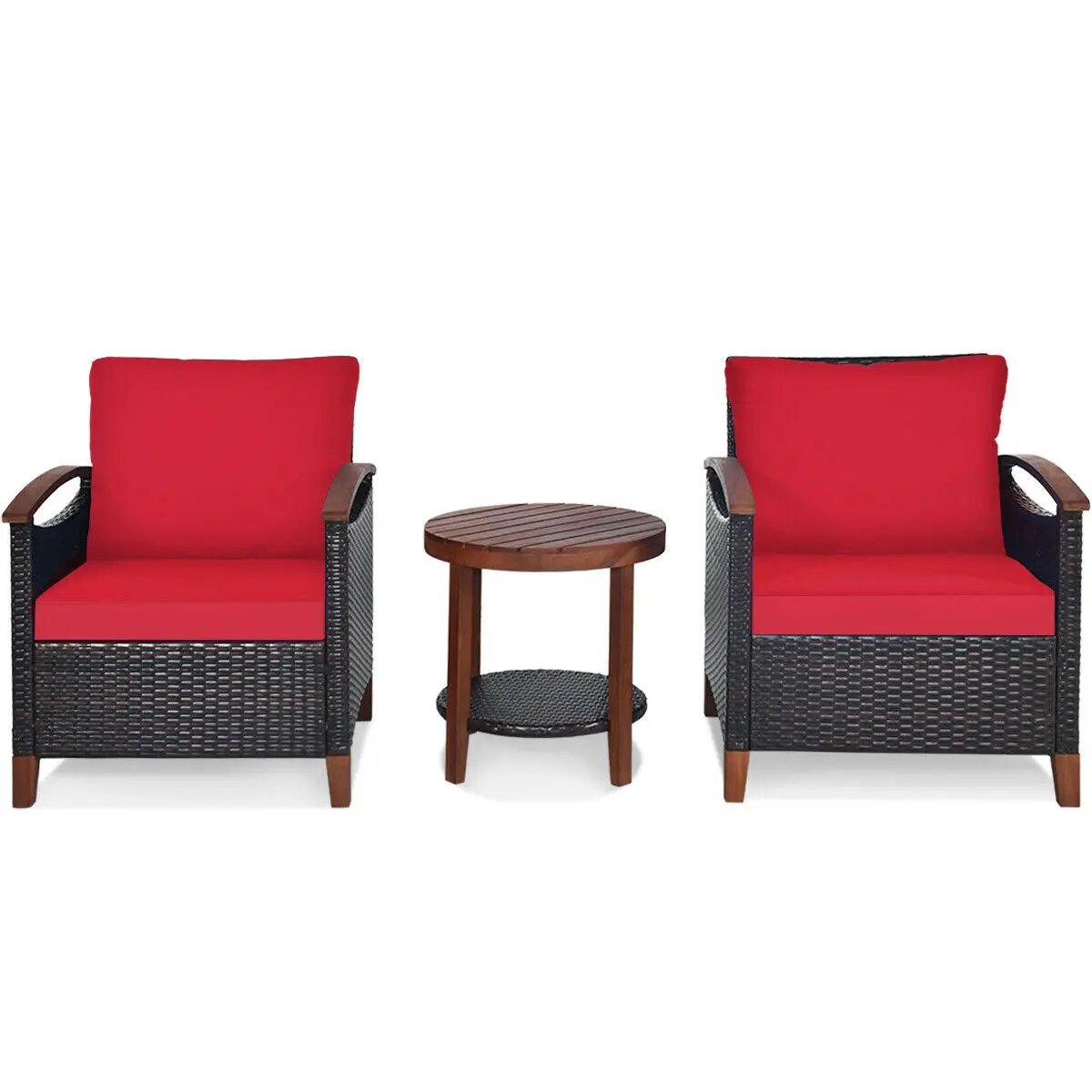 3 Pieces Patio Rattan Furniture Set with Washable Cushion and Acacia Wood Tabletop by DirectDeals