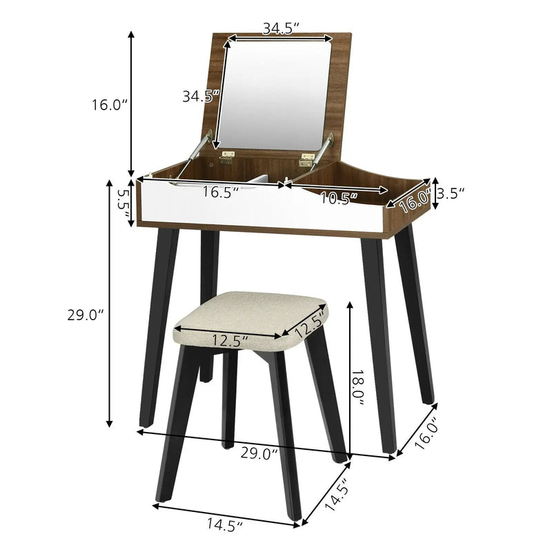 Vanity Table Set with Flip Top Mirror and Padded Stool-Brown by DirectDeals