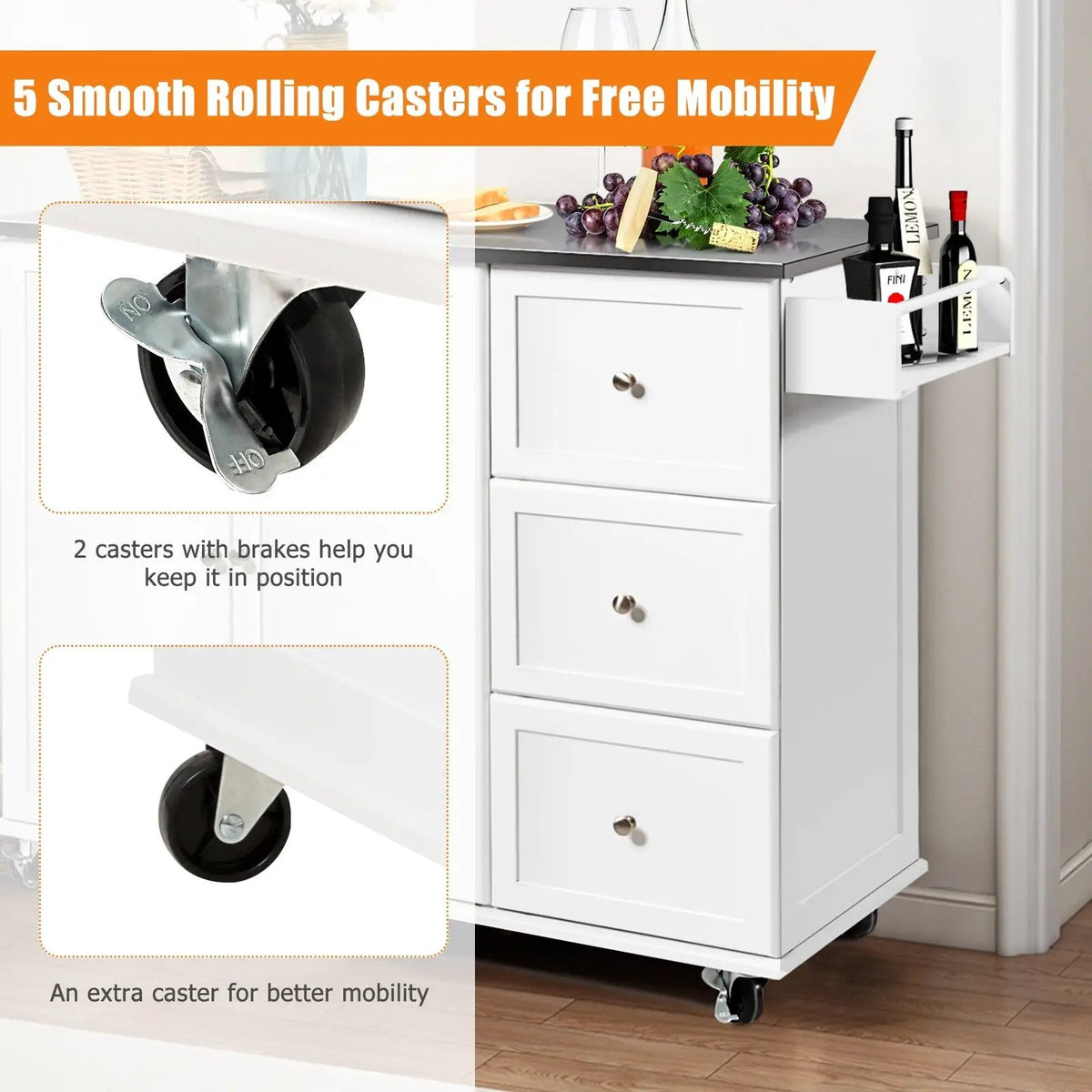 Kitchen Island 2-Door Storage Cabinet with Drawers and Stainless Steel Top, photo 4 of 24