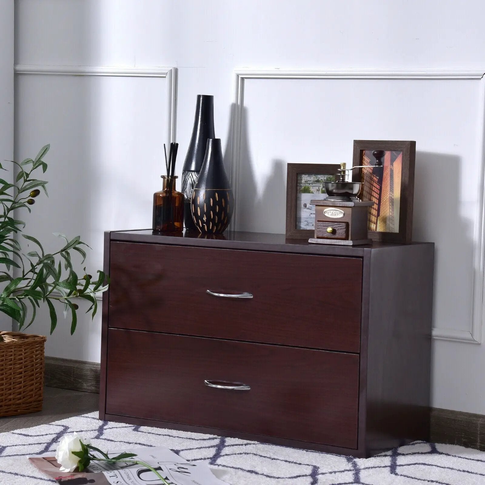 2-Drawer Dresser Horiztonal Organizer End Table Nightstand with Handle Wood-Brown by DirectDeals