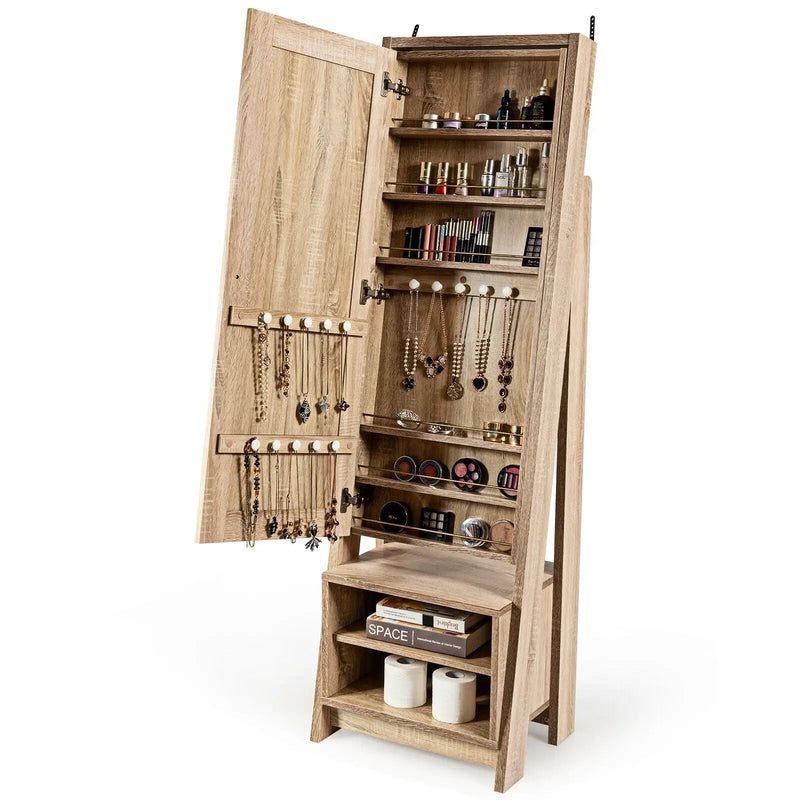 2-in-1 Wooden Cosmetics Storage Cabinet with Full-Length Mirror and Bottom Rack by DirectDeals