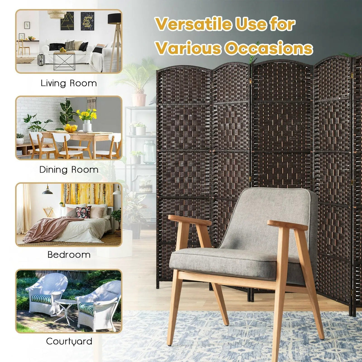 6.5Ft 6-Panel Weave Folding Fiber Room Divider Screen, photo 13 of 16