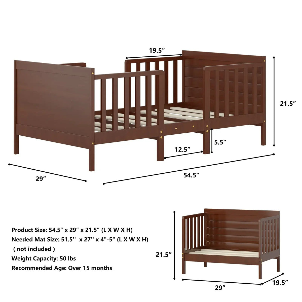 2-in-1 Convertible Kids Wooden Bedroom Furniture with Guardrails, photo 4 of 9