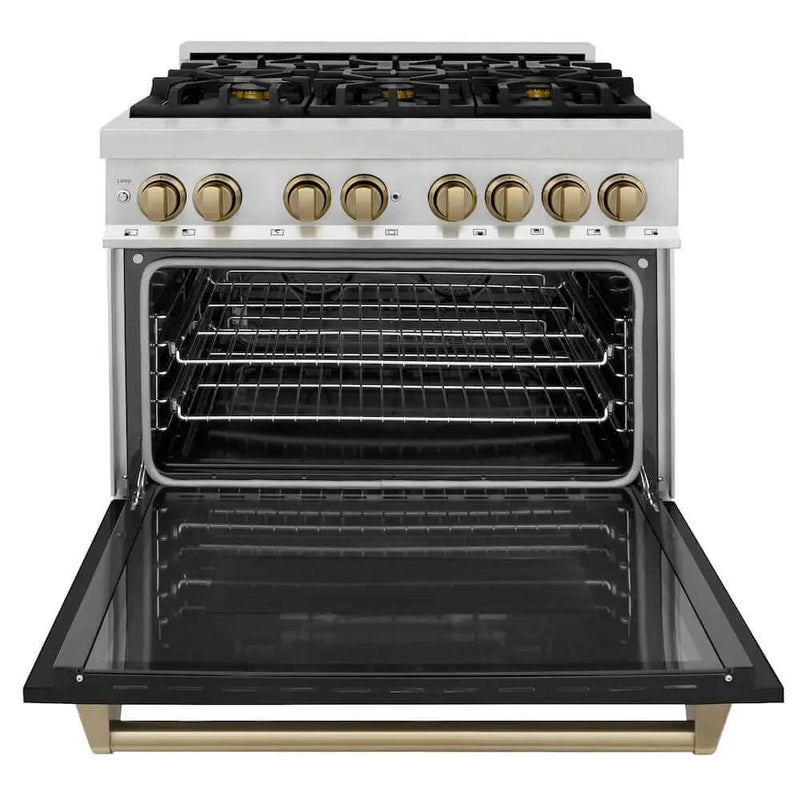 ZLINE 36" Autograph Dual Fuel Range, Black, Bronze, RAZ-BLM-36-CB by Farmhouse Kitchen and Bath