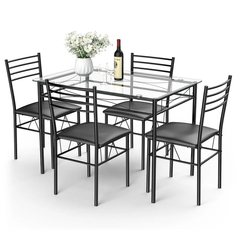5 Pieces Dining Set with Tempered Glass Top Table and 4 Upholstered Chairs by DirectDeals