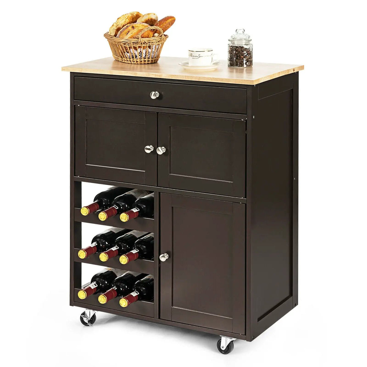 Kitchen Cart with Rubber Wood Top 3 Tier Wine Racks 2 Cabinets, photo 15 of 16