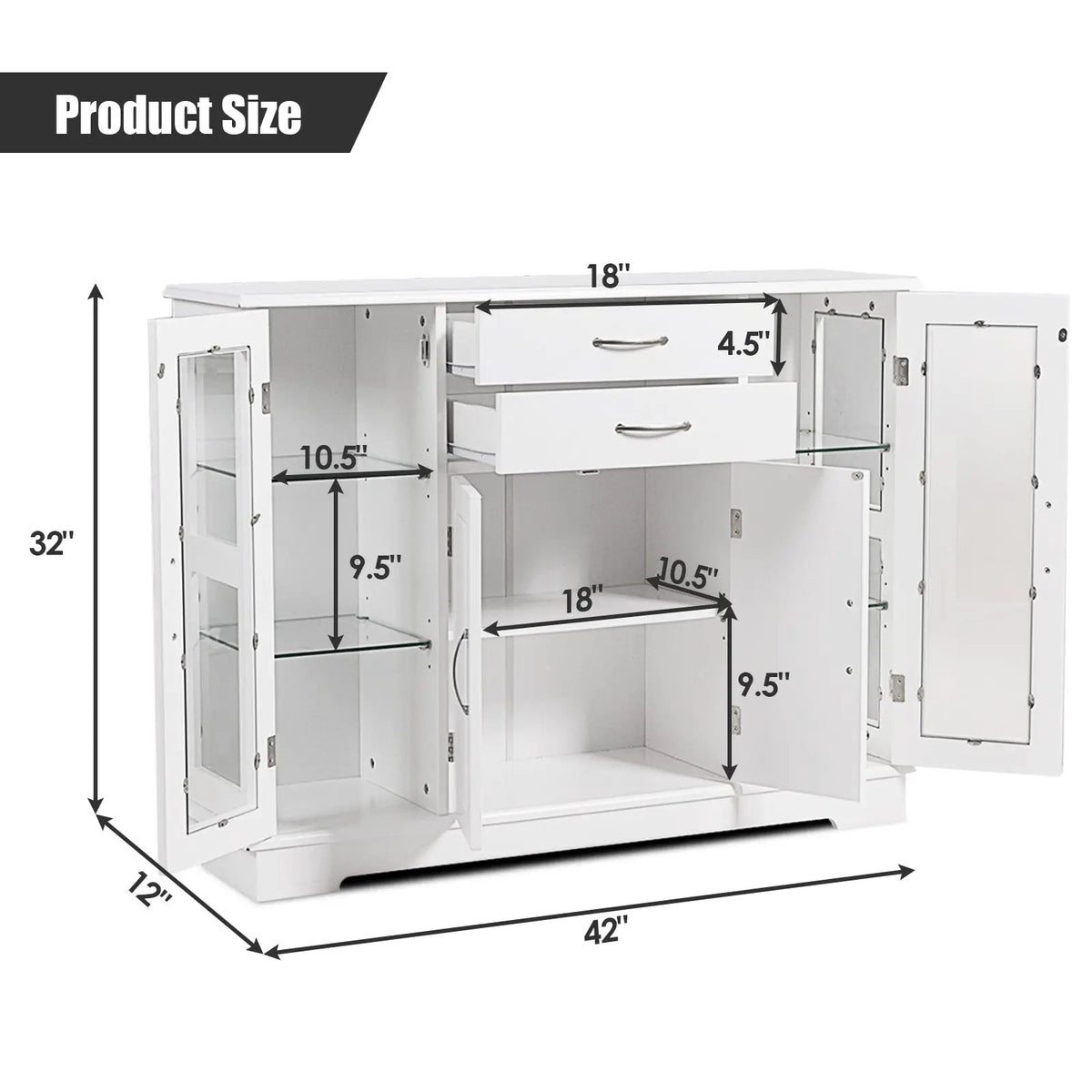 Sideboard Buffet Server Storage Cabinet with 2 Drawers and Glass Doors, photo 5 of 9