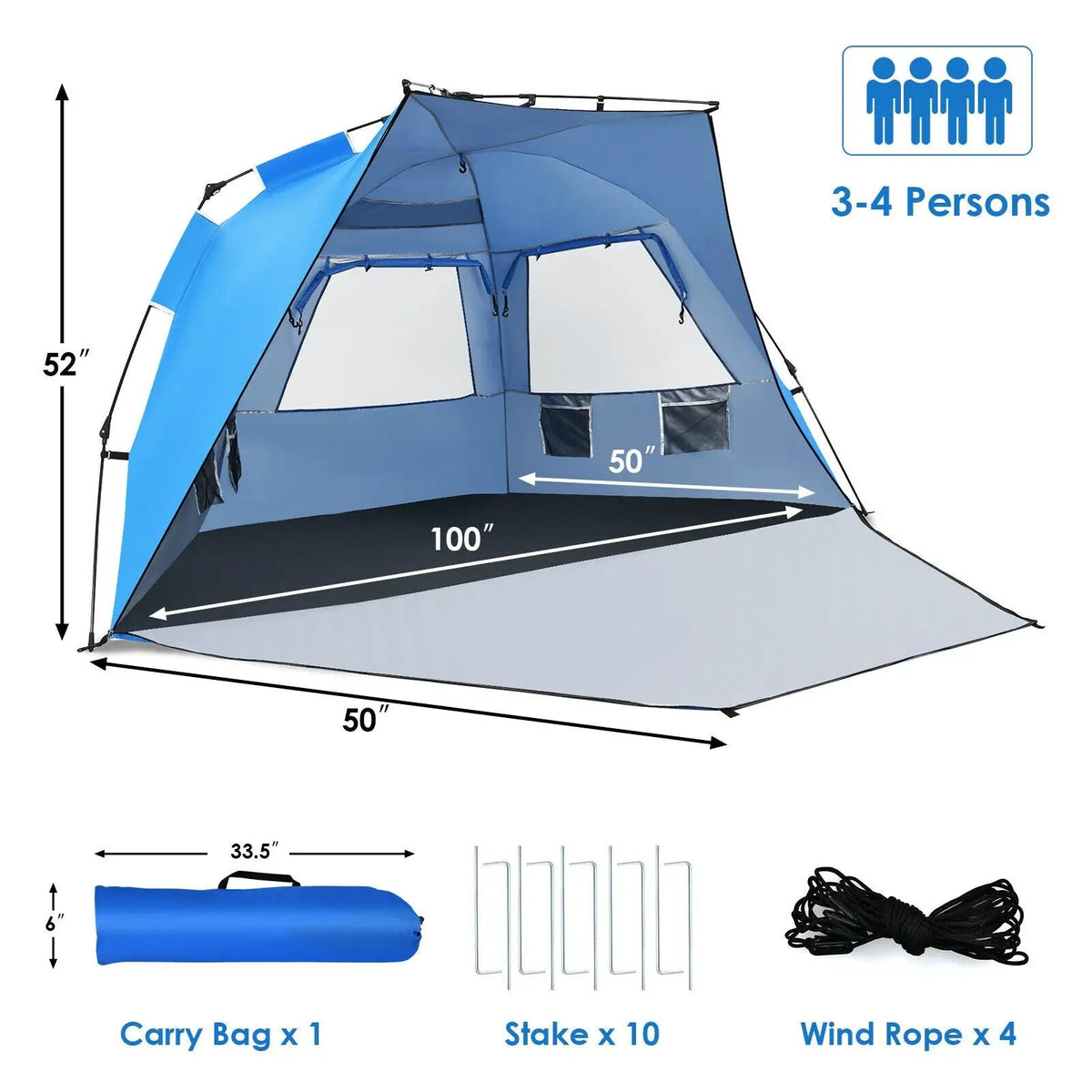 3-4 Person Easy Pop Up Beach Tent UPF 50+ Portable Sun Shelter, photo 4 of 7