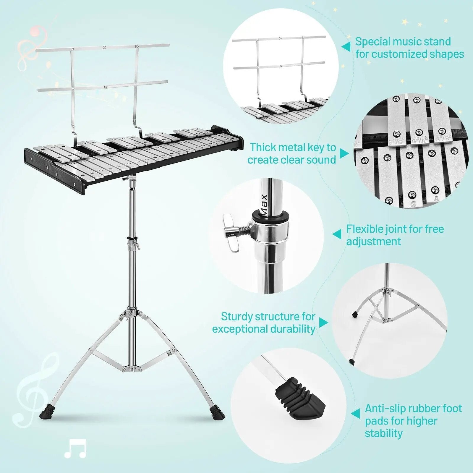 32 Note Glockenspiel Xylophone Percussion Bell Kit with Adjustable Stand by DirectDeals