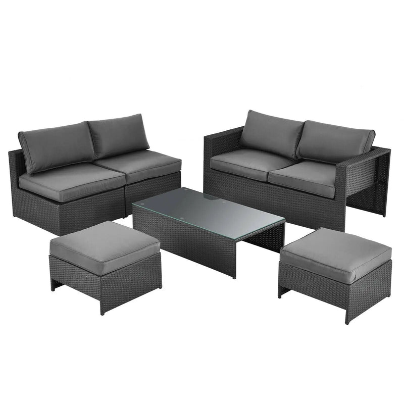 6 Pieces Patio Rattan Furniture Set with Glass Table and Cushioned Seat-Gray by DirectDeals
