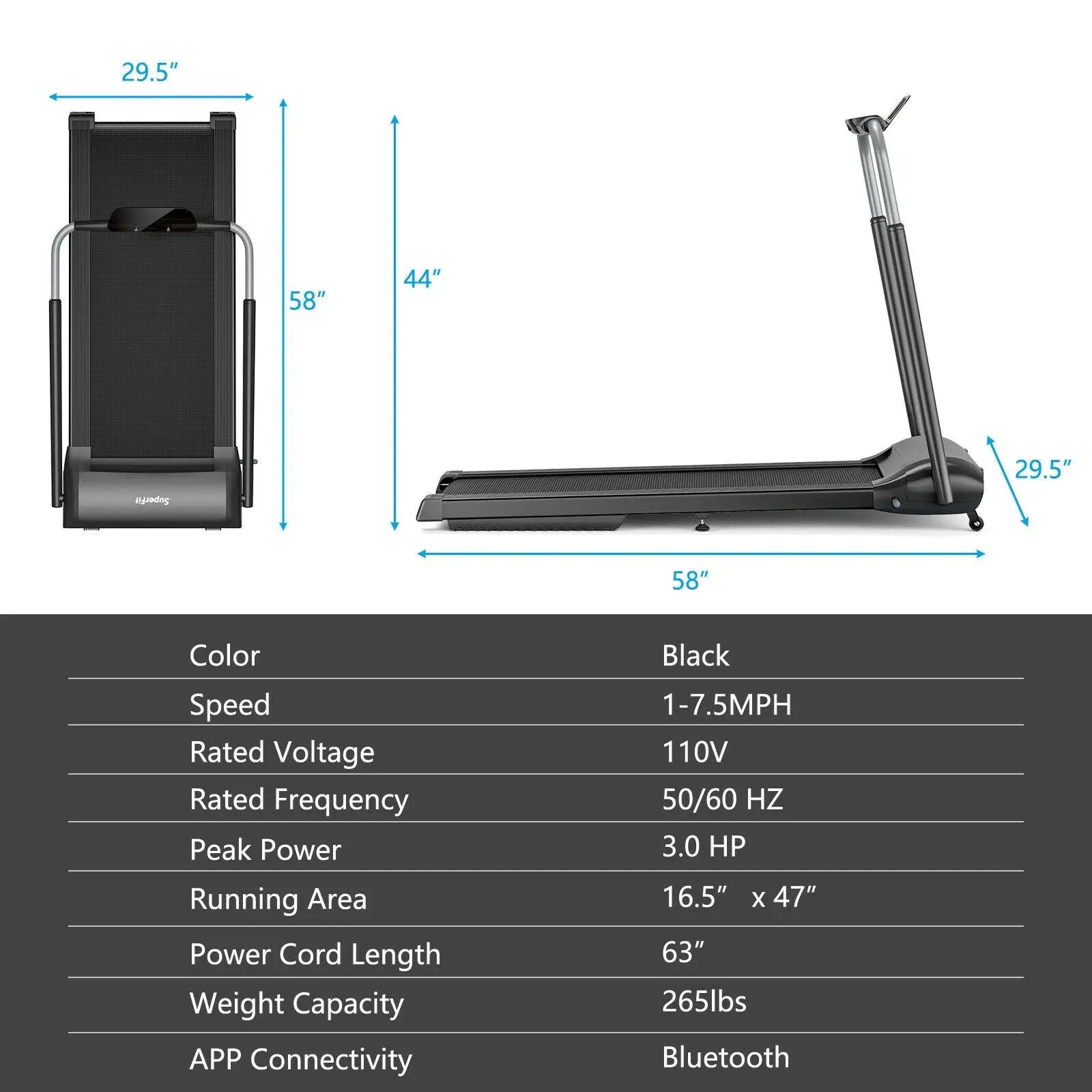 Compact Folding Treadmill with Touch Screen APP Control-Black by DirectDeals
