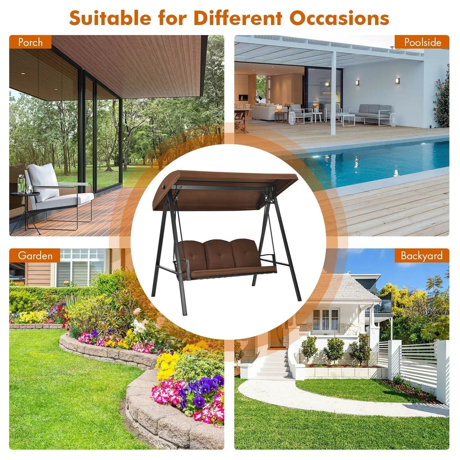 Outdoor 3-Seat Porch Swing with Adjust Canopy and Cushions by DirectDeals