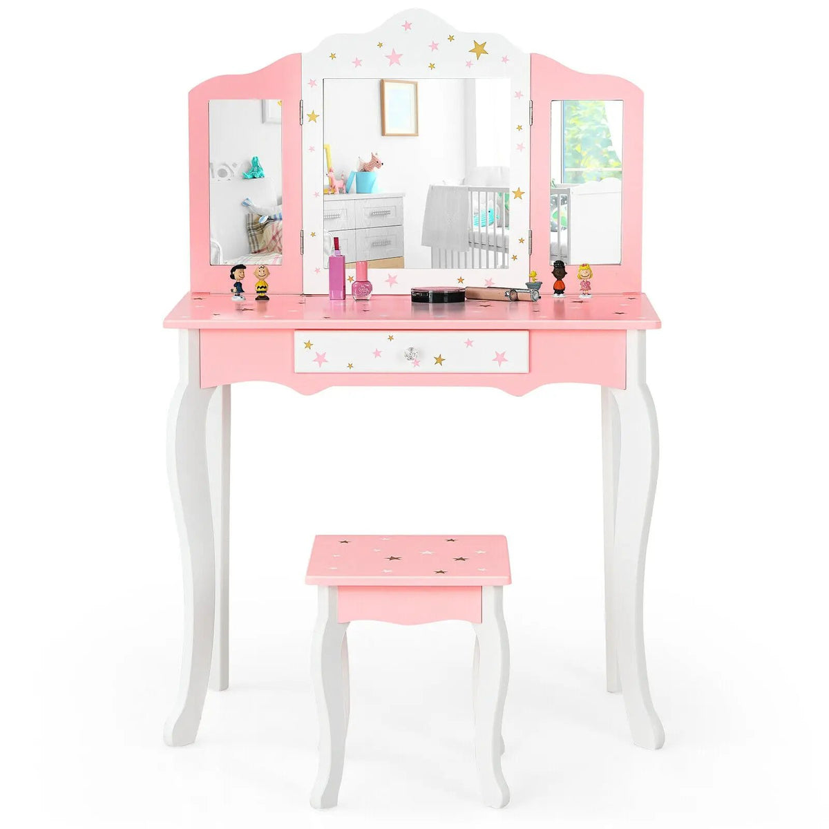 Kids Princess Vanity Table and Stool Set with Tri-folding Mirror and Drawer, photo 8 of 9