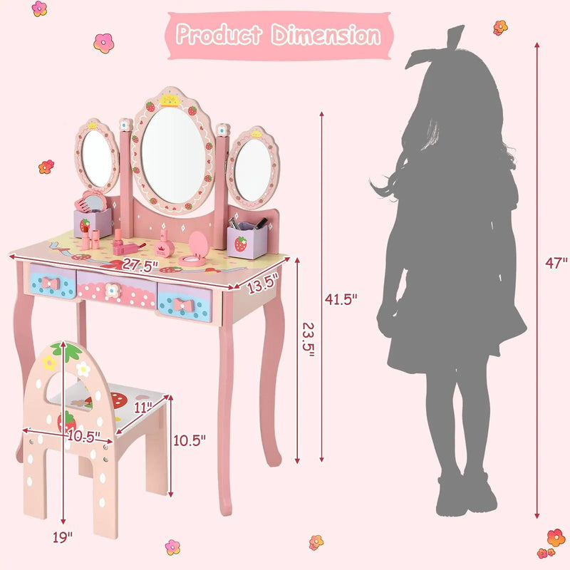 Kids Vanity Princess Makeup Dressing Table Chair Set with Tri-fold Mirror by DirectDeals