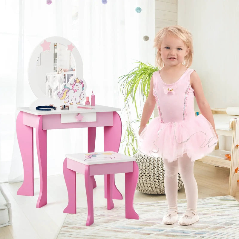 Kids Wooden Makeup Dressing Table and Chair Set with Mirror and Drawer by DirectDeals