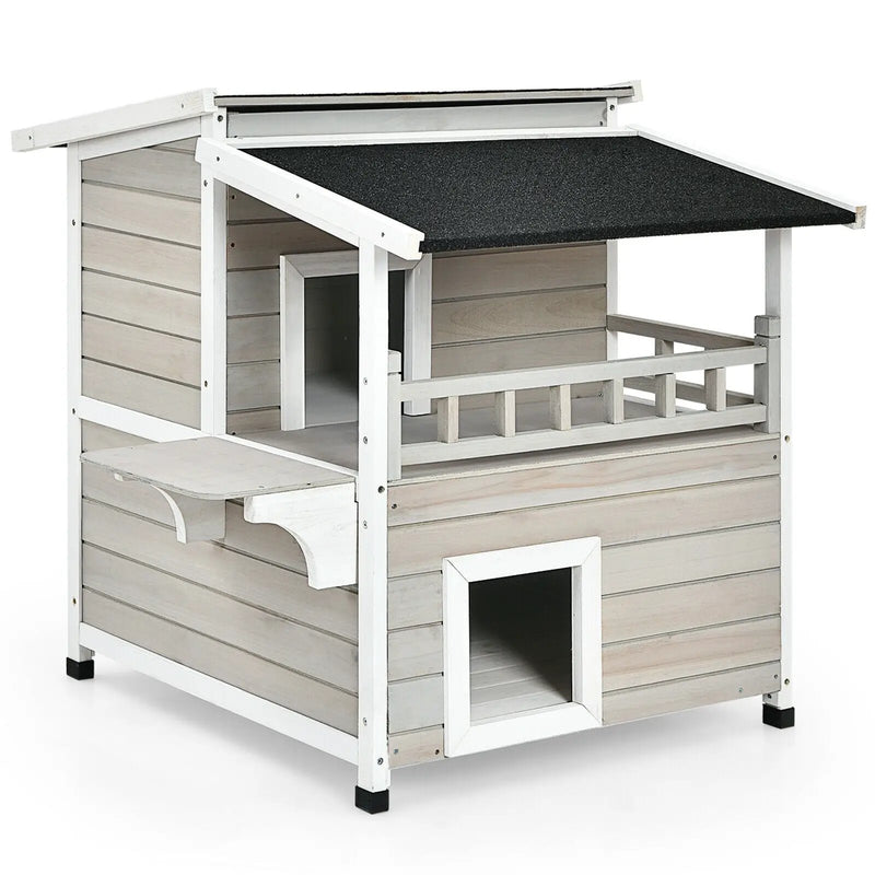 2-Story Wooden Patio Luxurious Cat Shelter House Condo with Large Balcony by DirectDeals
