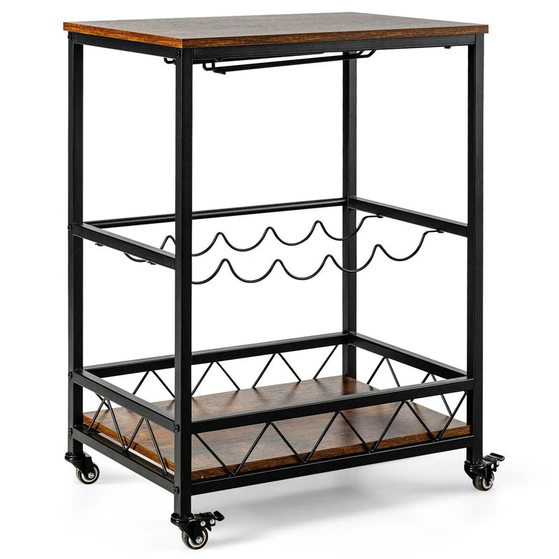 Kitchen Bar Cart Serving Trolley on Wheels with Wine Rack Glass Holder-Rustic Brown by DirectDeals