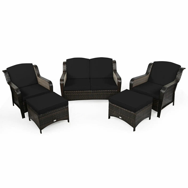 5 Pieces Patio Rattan Sofa Set with Cushion and Ottoman by DirectDeals