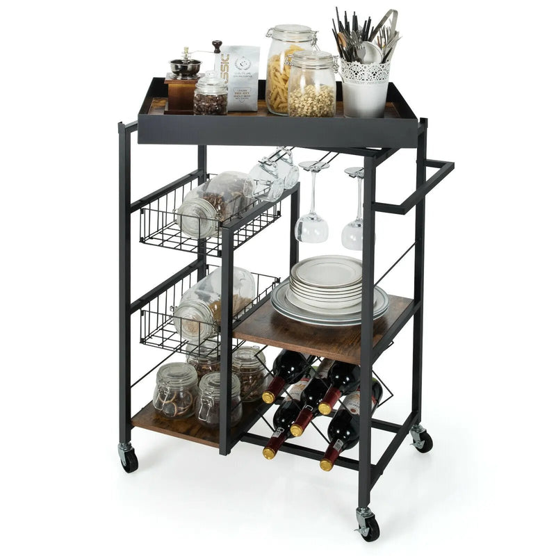 Kitchen Island Cart on Wheels with Removable Top and Wine Rack-Rustic Brown by DirectDeals