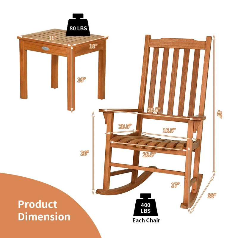 3 Pieces Eucalyptus Rocking Chair Set with Coffee Table by DirectDeals