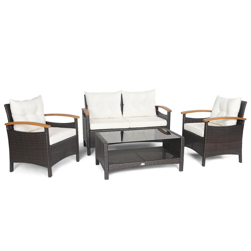 4 Pieces Patio Rattan Furniture Set with Cushioned Sofa and Storage Table by DirectDeals