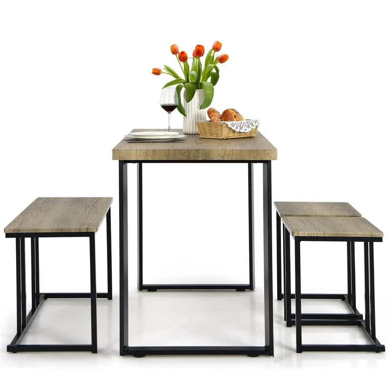 4 Pieces Industrial Dinette Set with Bench and 2 Stools-Oak by DirectDeals