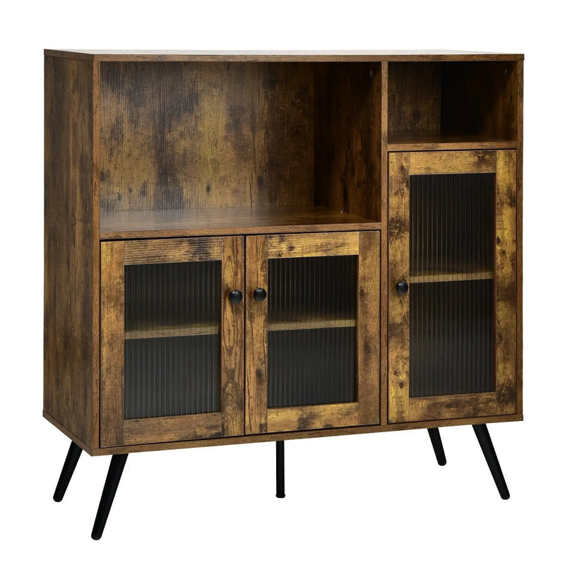 Buffet Kitchen Storage Cupboard with Glass Door and Adjustable Shelves-Rustic Brown by DirectDeals