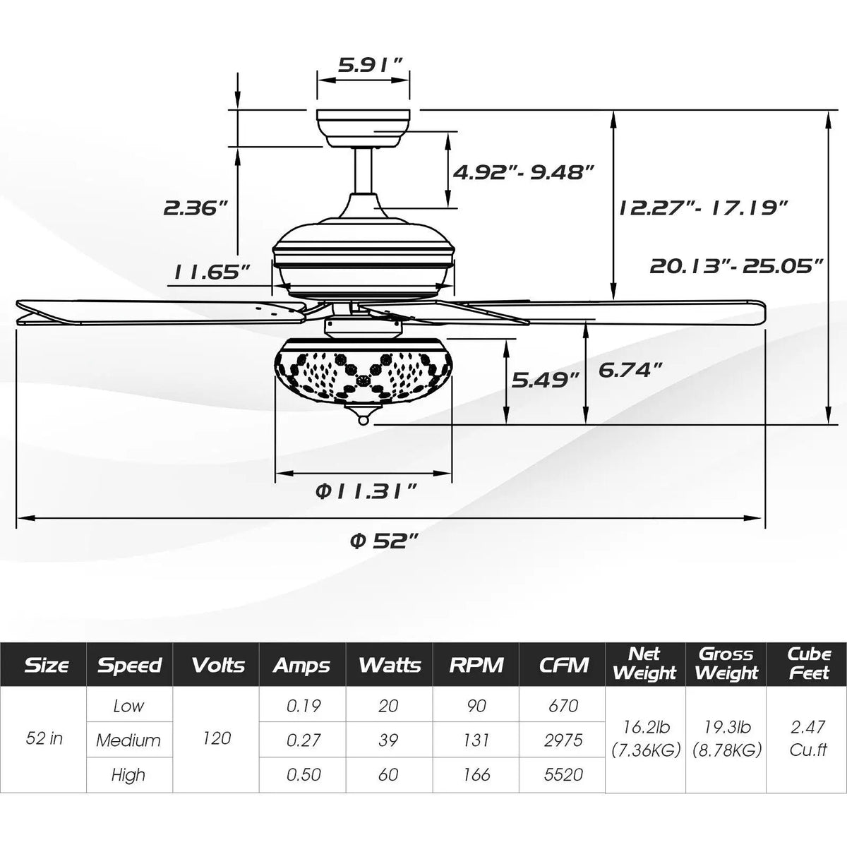 52 Inch Ceiling Fan with 3 Wind Speeds and 5 Reversible Blades, photo 4 of 9