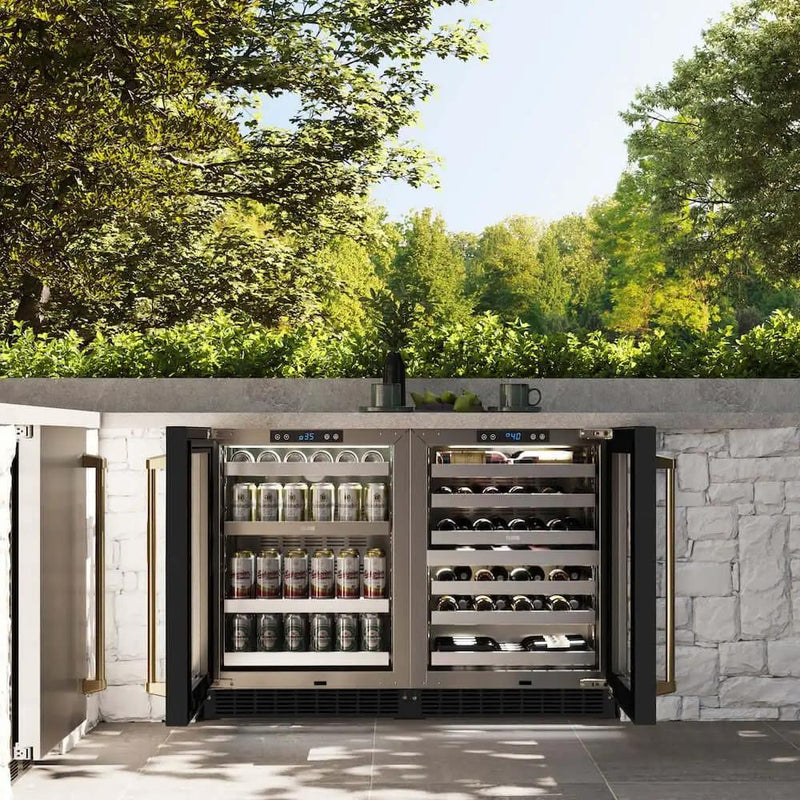 ZLINE 24" Touchstone 151 Can Beverage Fridge Black Matte Glass Door Gold RBSOZ-BLM-24-G by Farmhouse Kitchen and Bath
