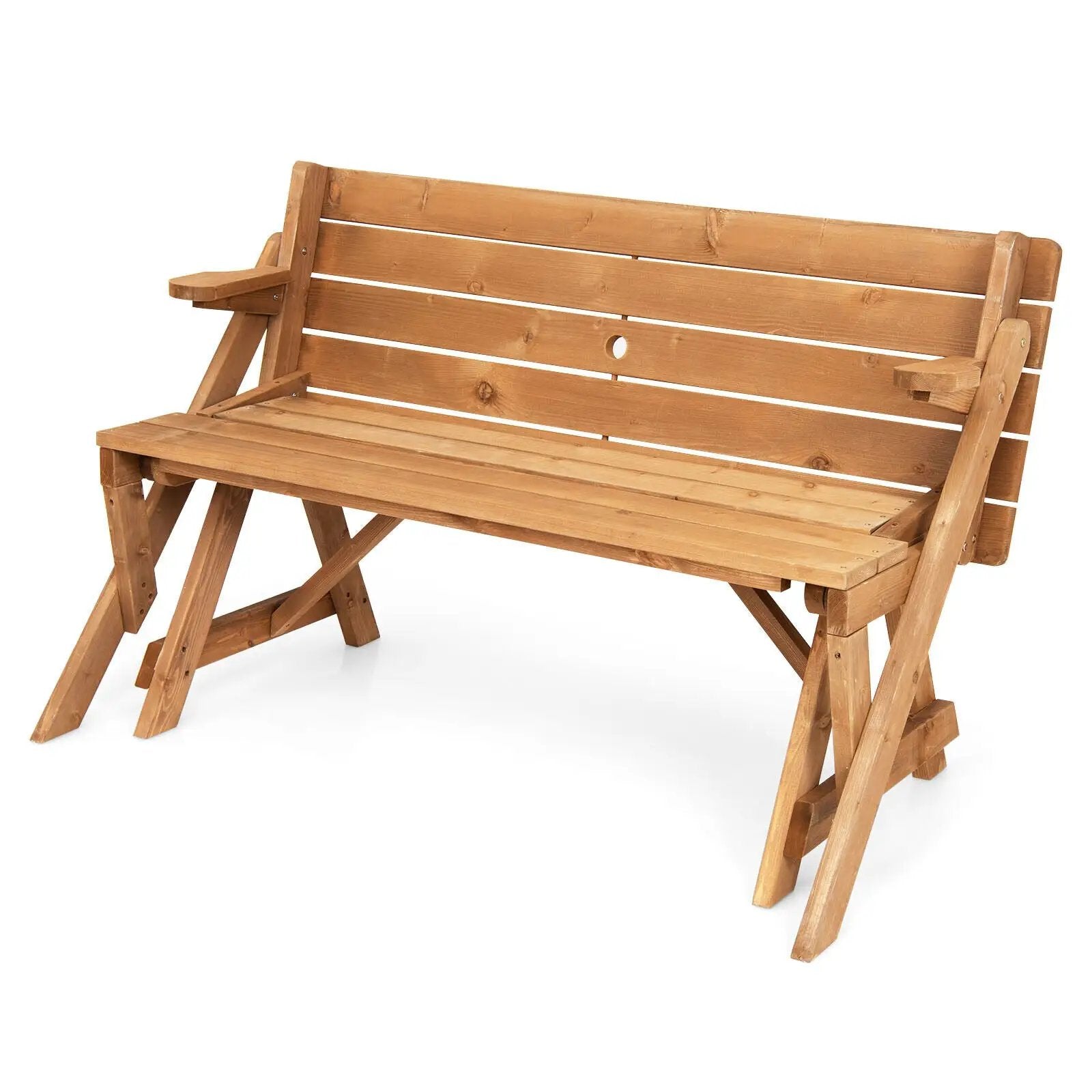 2-in-1 Transforming Interchangeable Wooden Picnic Table Bench with Umbrella Hole-Dark Brown by DirectDeals