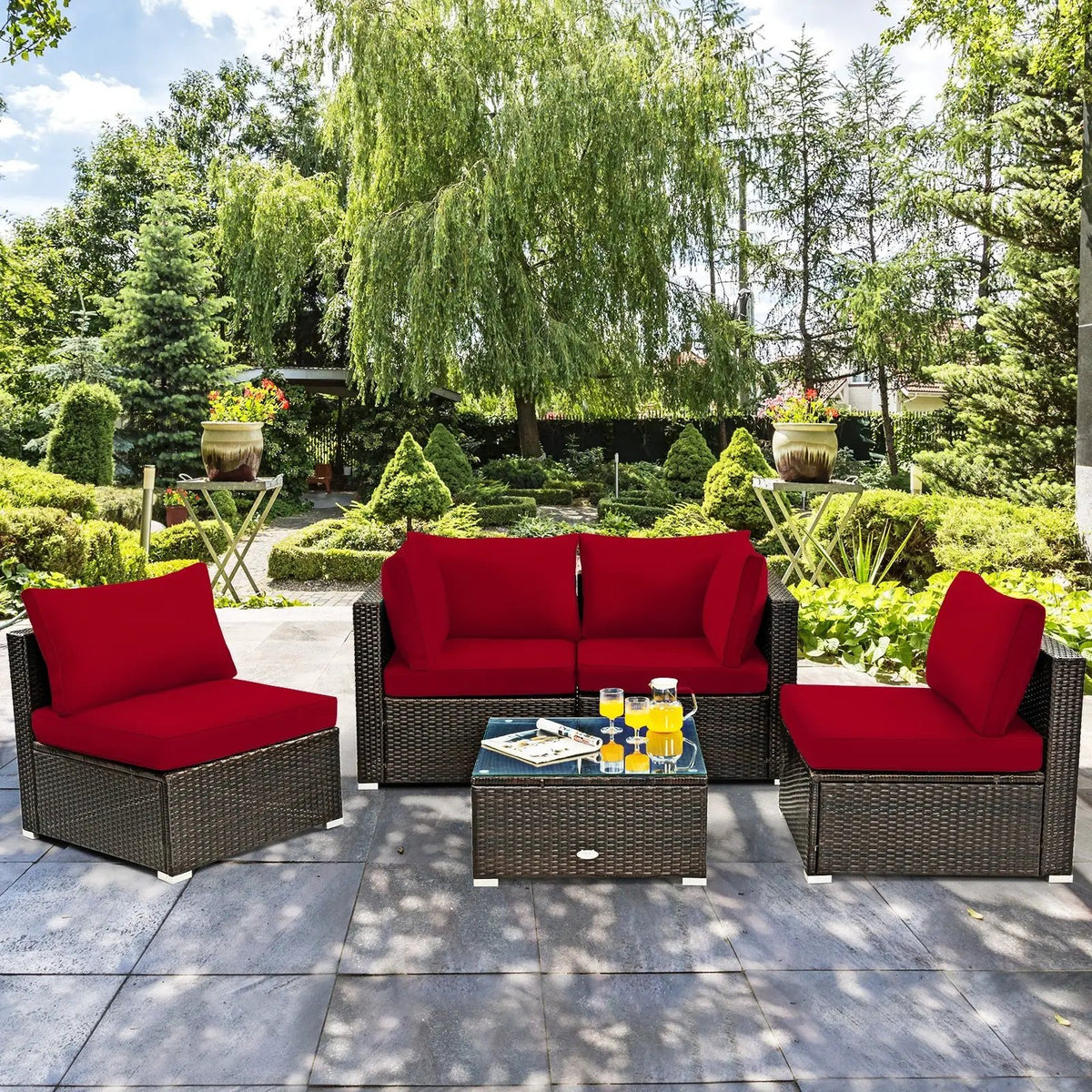 5 Pieces Cushioned Patio Rattan Furniture Set with Glass Table, photo 7 of 12