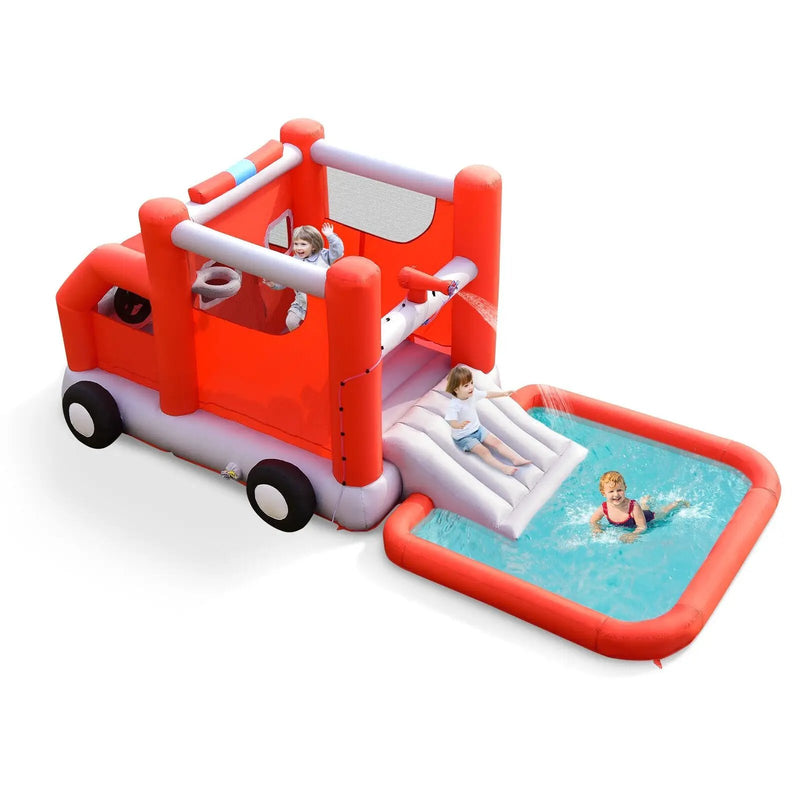 Fire Truck Themed Inflatable Castle Water Park Kids Bounce House without Blower by DirectDeals