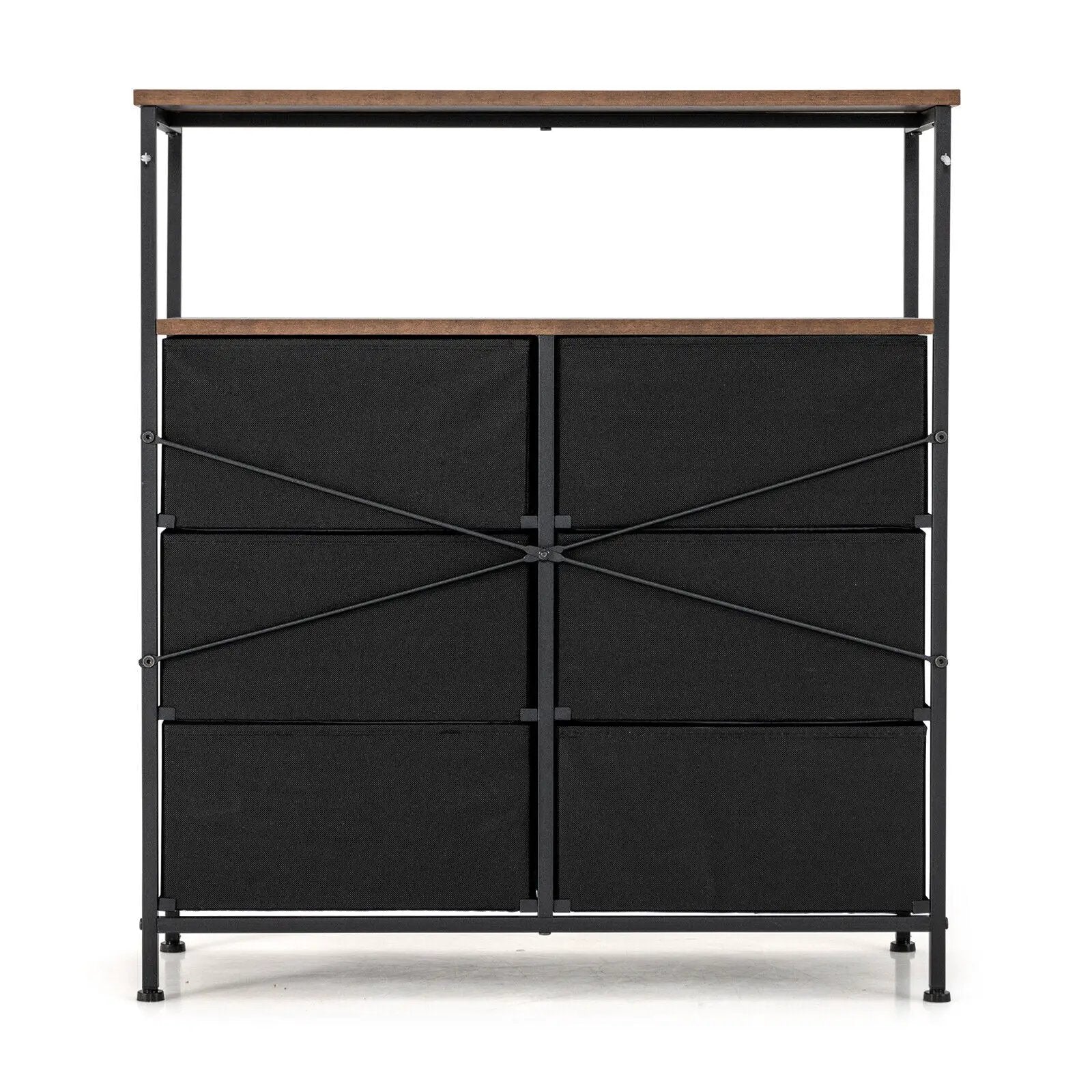 2-Tier Storage Chest with Wooden Top and 6 Fabric Drawers-Rustic Brown by DirectDeals
