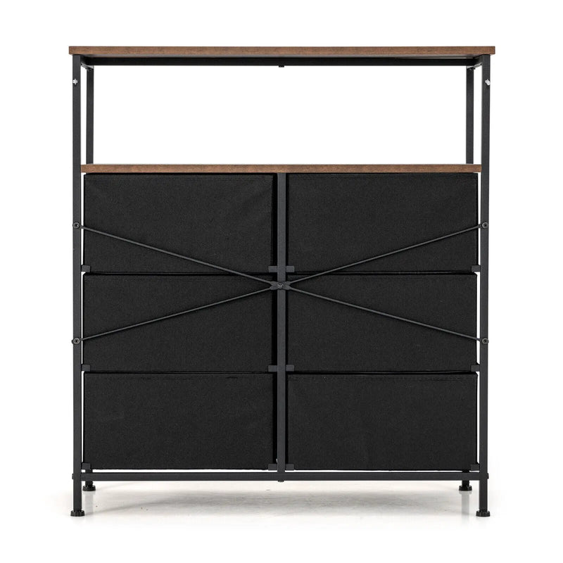 2-Tier Storage Chest with Wooden Top and 6 Fabric Drawers-Rustic Brown by DirectDeals