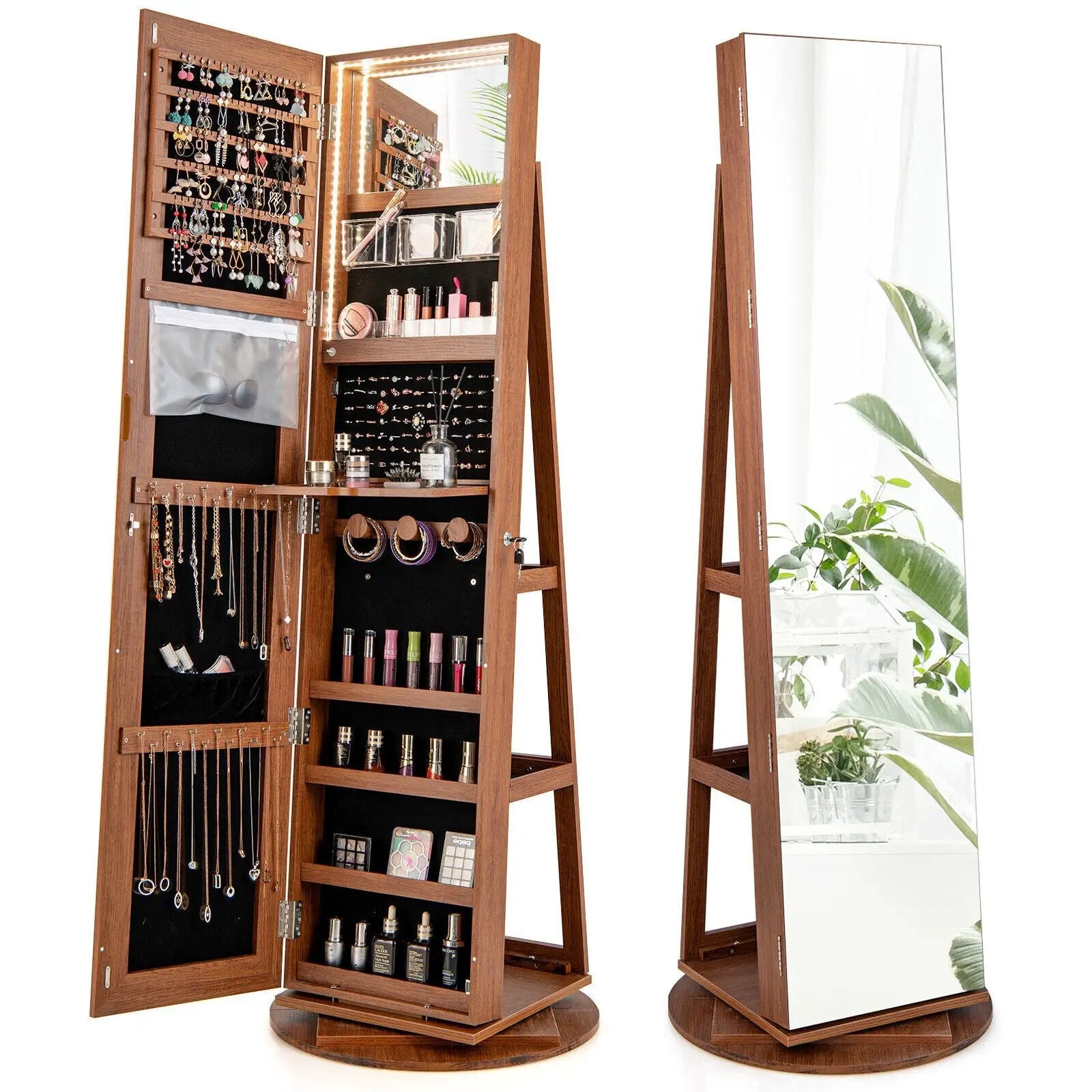 360° Rotating Mirrored Jewelry Cabinet Armoire 3 Color LED Modes Lockable by DirectDeals