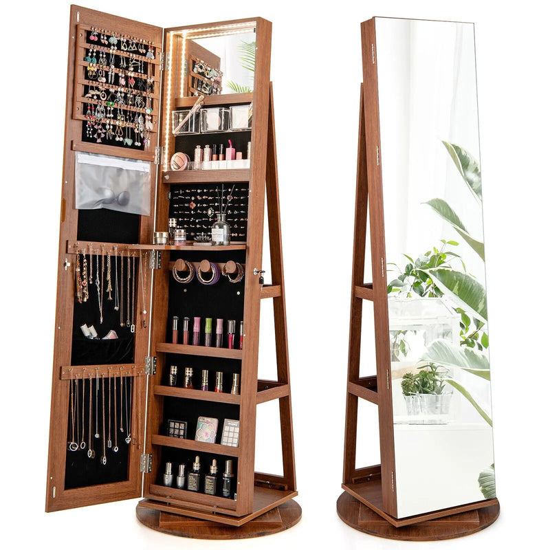 360° Rotating Mirrored Jewelry Cabinet Armoire 3 Color LED Modes Lockable by DirectDeals