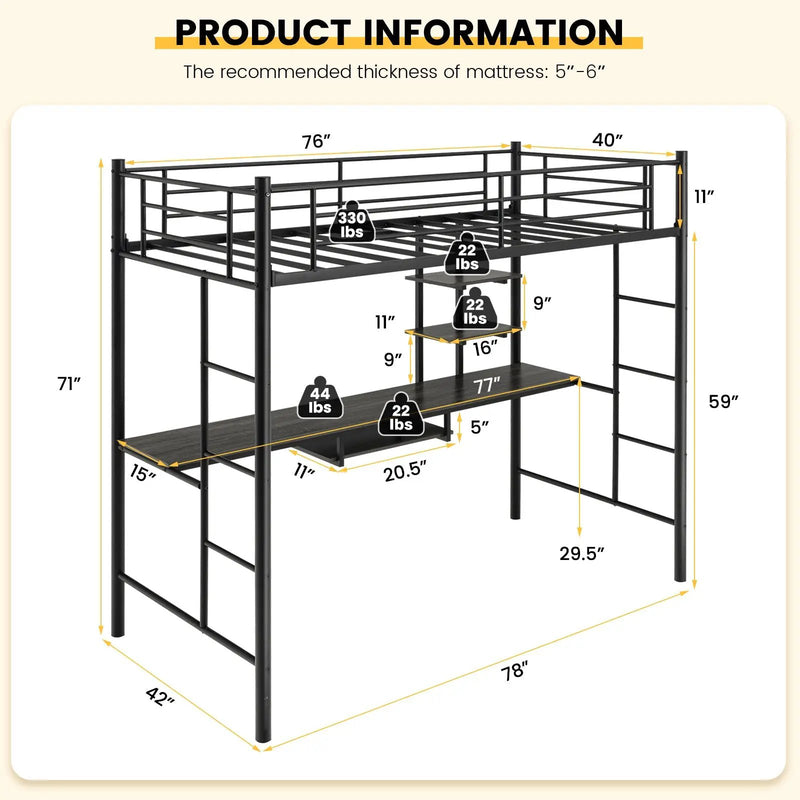 Twin Size Loft Bunk Bed with Desk Storage Shelf and Full Length Ladders-Black by DirectDeals