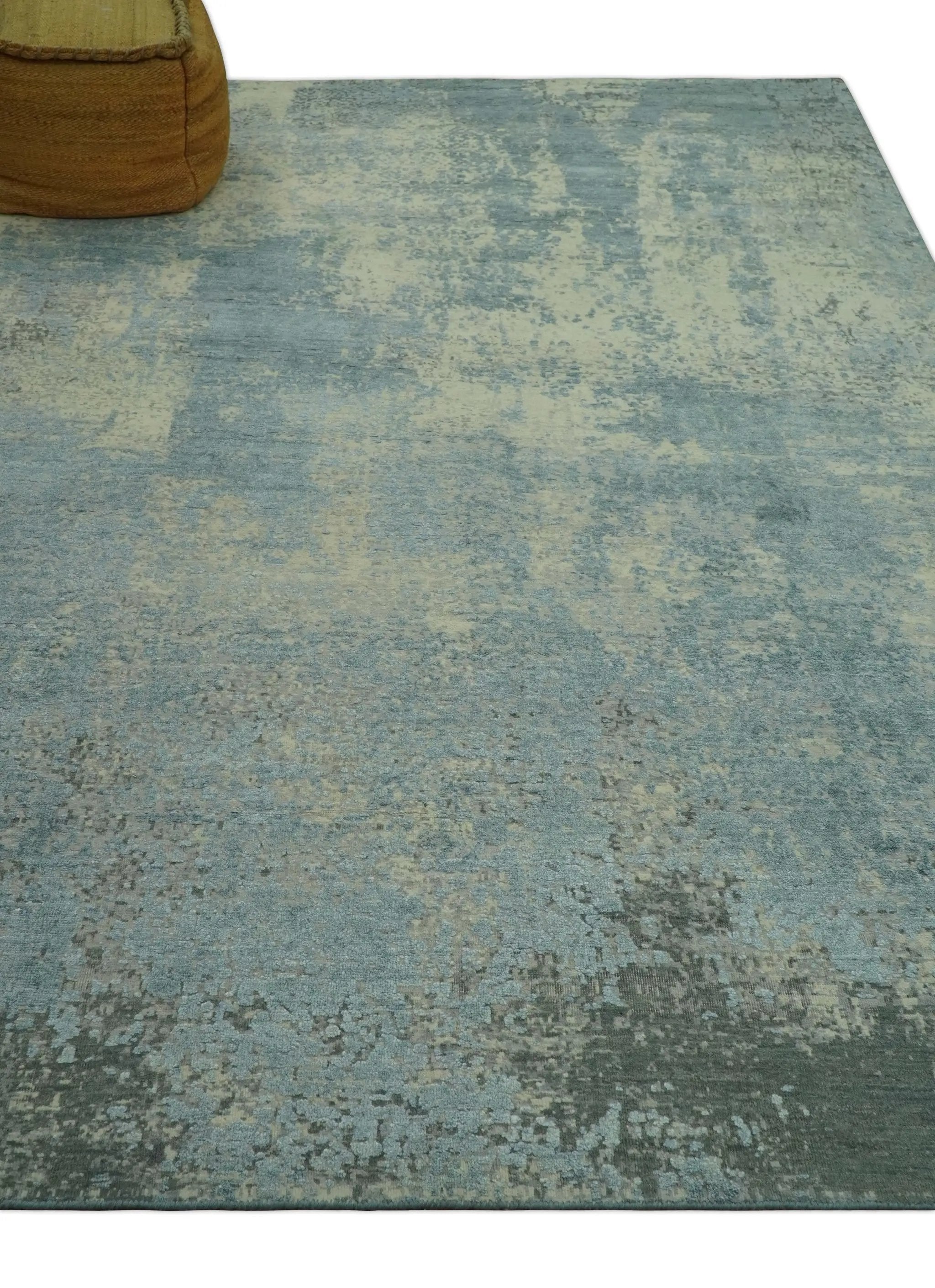 Abstract Design Blue, Beige And Gray 8x10 Hand Knotted Wool and Bamboo Silk Rug by The Rug Decor