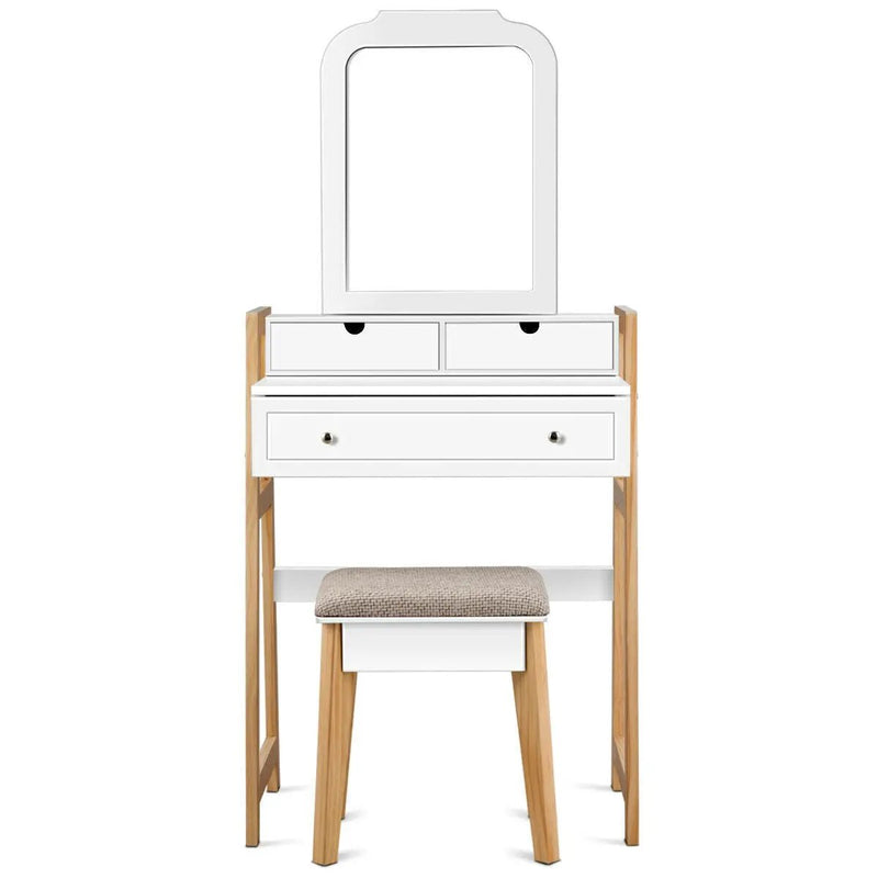 Vanity Table Set with Cushioned Stool and Large Mirror by DirectDeals