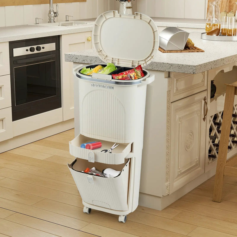 11 Gallon 3-Layer Kitchen Trash Can with Lid and 2 Removable Buckets-Beige by DirectDeals