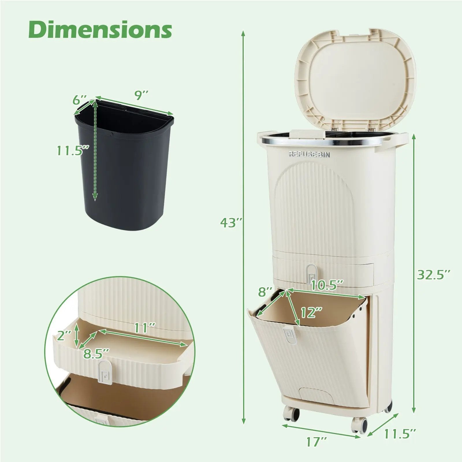 11 Gallon 3-Layer Kitchen Trash Can with Lid and 2 Removable Buckets-Beige by DirectDeals