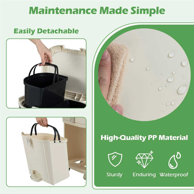 11 Gallon 3-Layer Kitchen Trash Can with Lid and 2 Removable Buckets-Beige by DirectDeals
