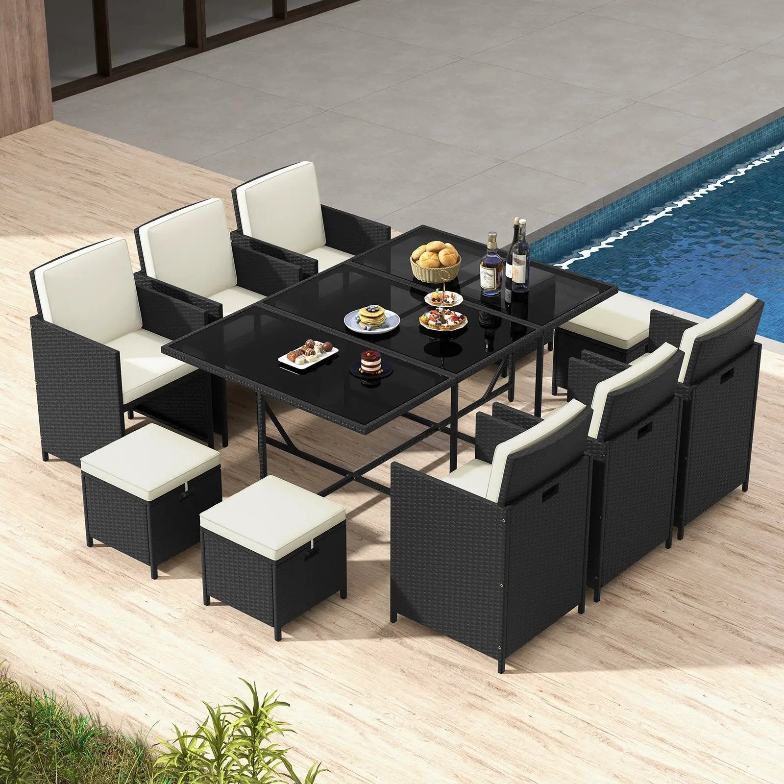 11 Piece Patio Dining Set Wicker Chairs and Tempered Glass Table with Waterproof Cushions-Black & White by DirectDeals