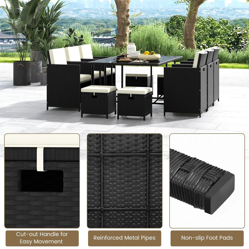 11 Piece Patio Dining Set Wicker Chairs and Tempered Glass Table with Waterproof Cushions-Black & White by DirectDeals
