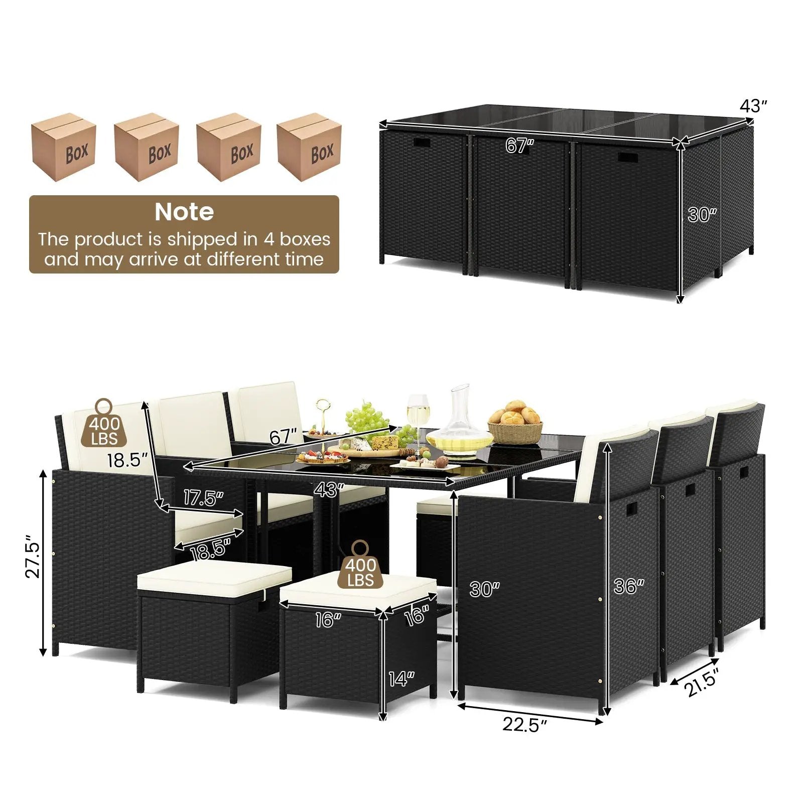 11 Piece Patio Dining Set Wicker Chairs and Tempered Glass Table with Waterproof Cushions-Black & White by DirectDeals