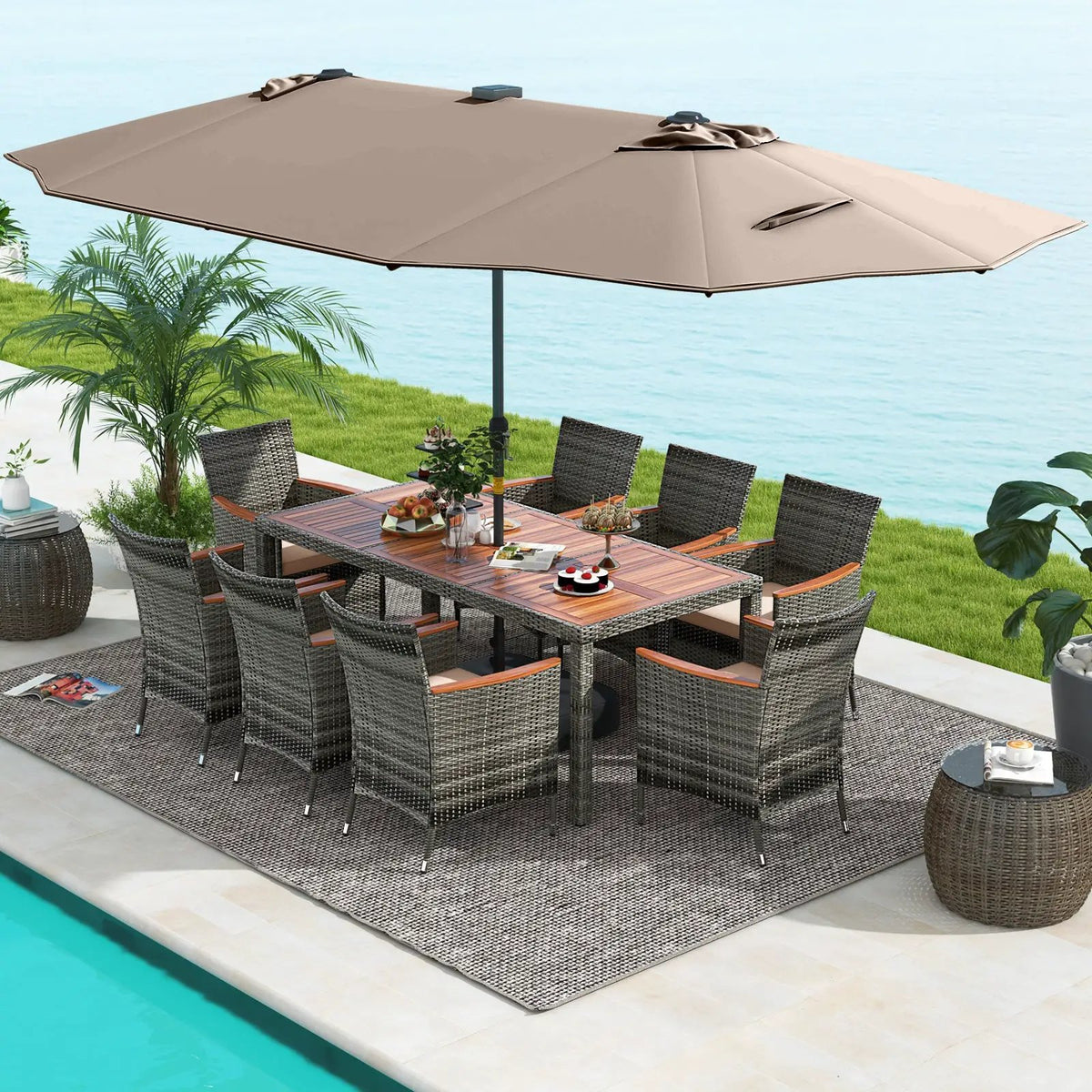 11 Pieces Patio Dining Set with 15 Feet Double-Sided Patio Umbrella Base Included, photo 14 of 44